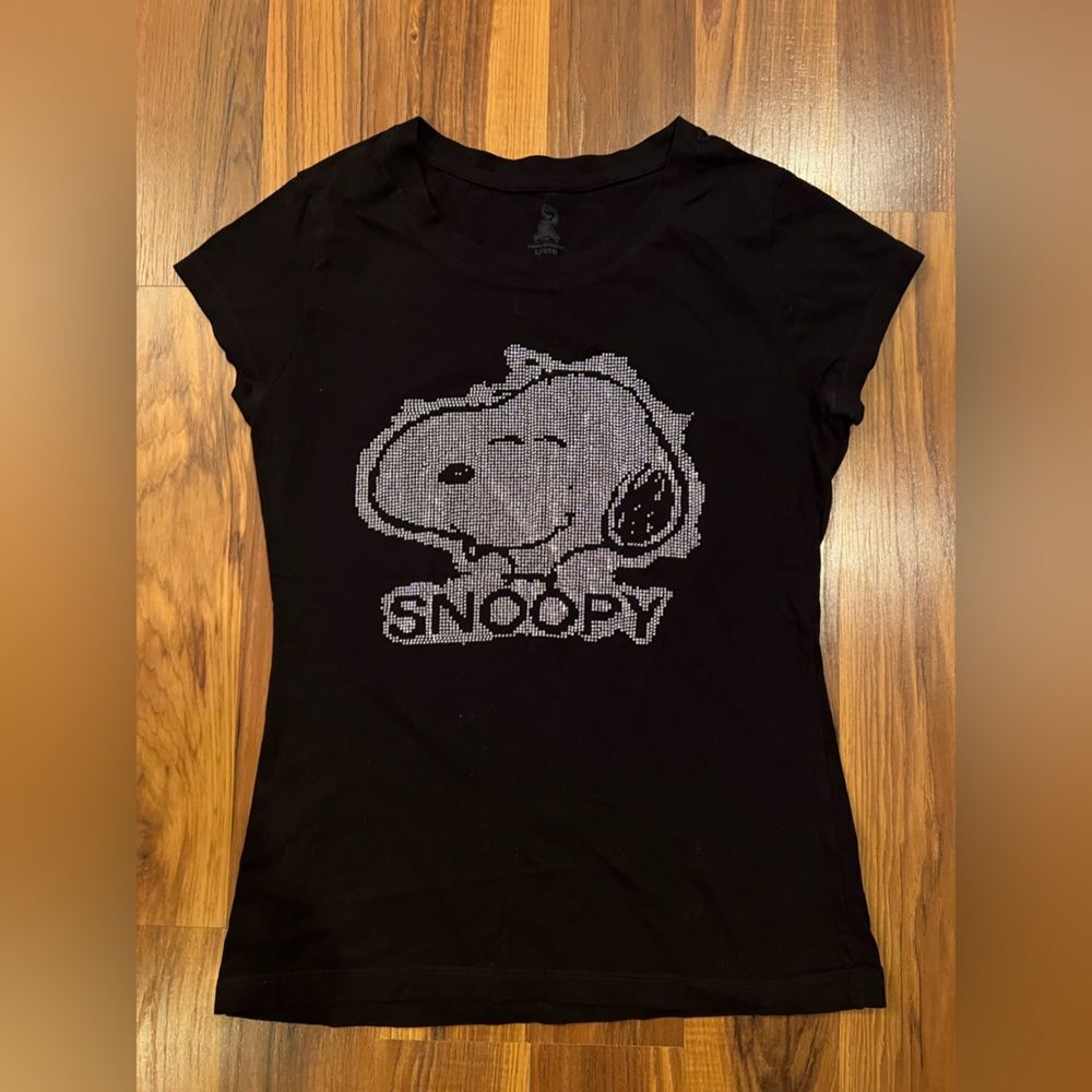 Juniors Peanuts Tee Shirt Snoopy Black Faux Rhinestones Cotton Blend large